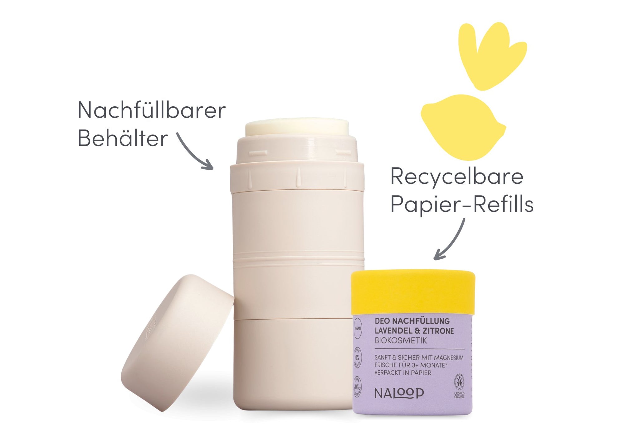 1 nachfüllbarer Behälter in der Farbe Desert + 1 Nachfüllung in recycelbaren Papier-Refills Lavendel & Zitrone - Allgemeine Übersicht über Produkt - Naloop - Super Natural Care